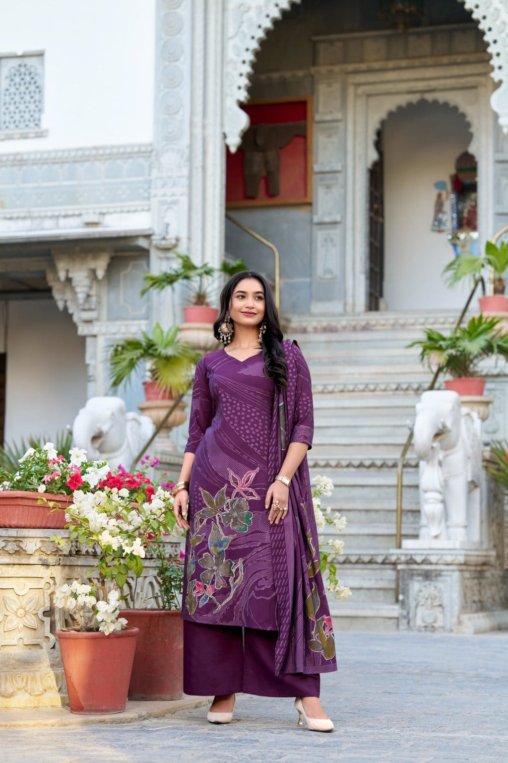 Purple Roman Silk Readymade Ladies Salwar Dress