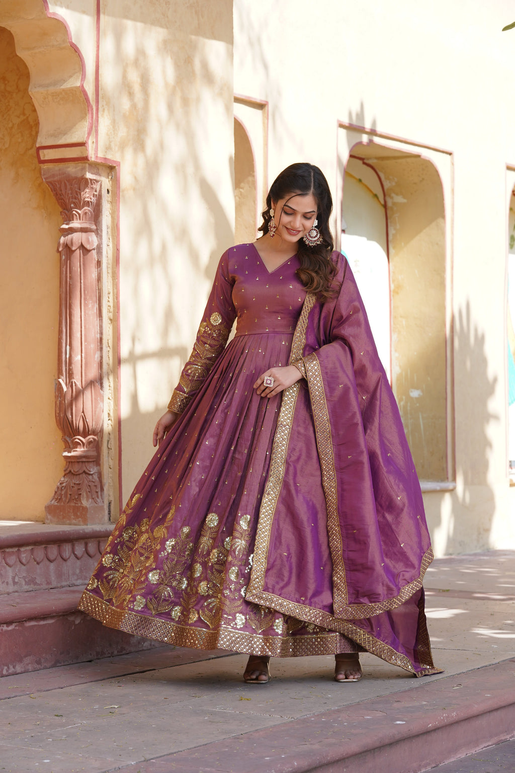 Purple Viscose Embroidery Zari Sequin Gown with Duppatta
