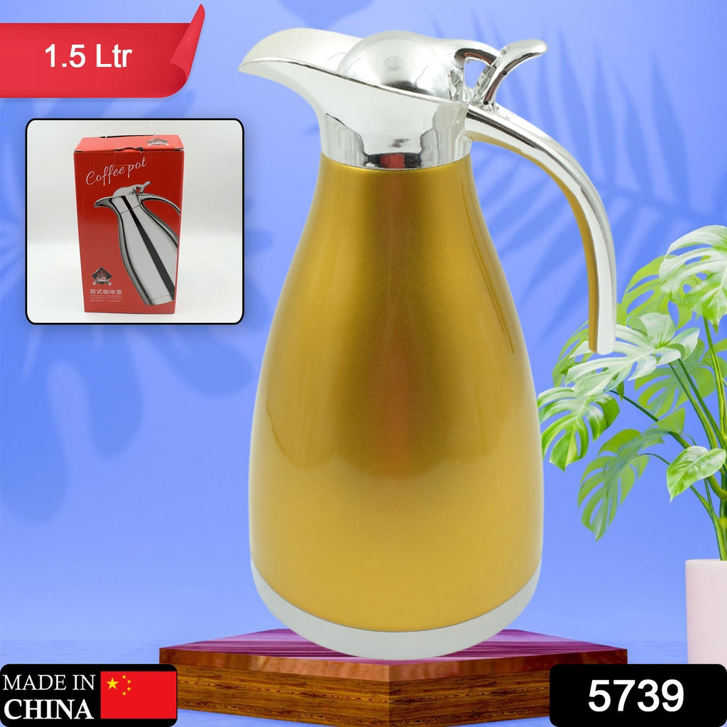Stainless steel 1.5L vacuum insulated thermo kettle jug for coffee, milk tea, and beverages.