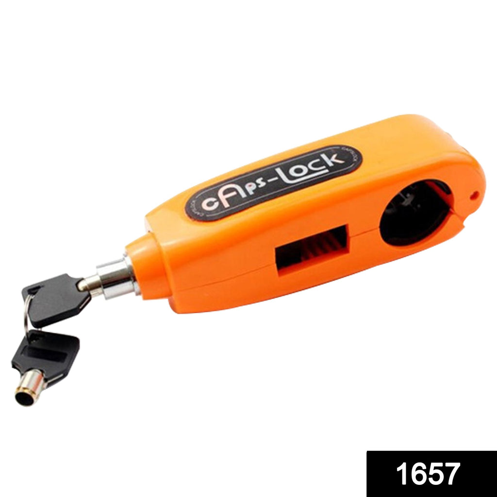 1657 heavy duty bike brake lock demonstrating its locking system by clamping the handlebar and brake lever.
