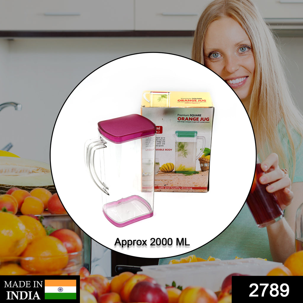 Clear plastic 2000ml square jug with handle for water, juices, and beverages.