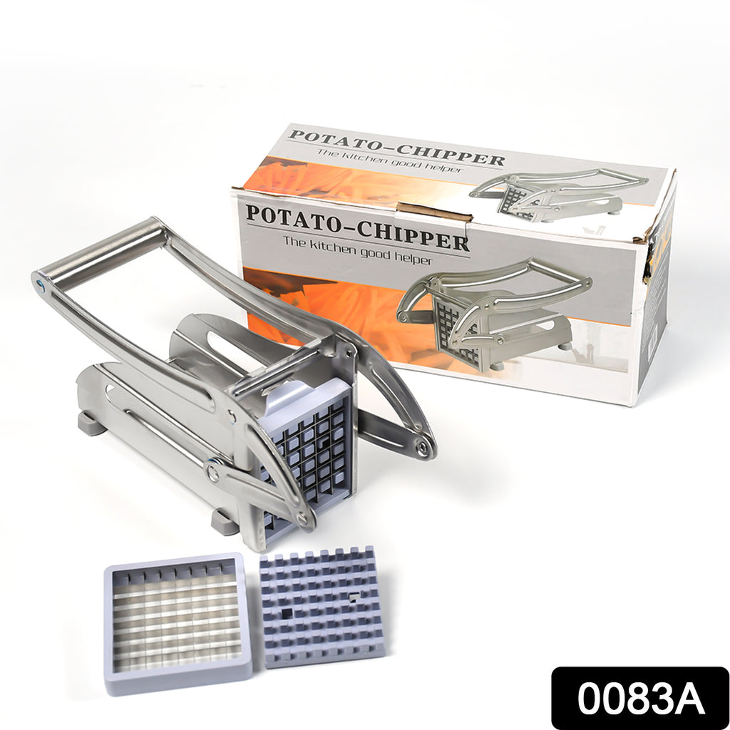 Stainless steel French fries potato strip cutter machine with blade, making uniform fries.