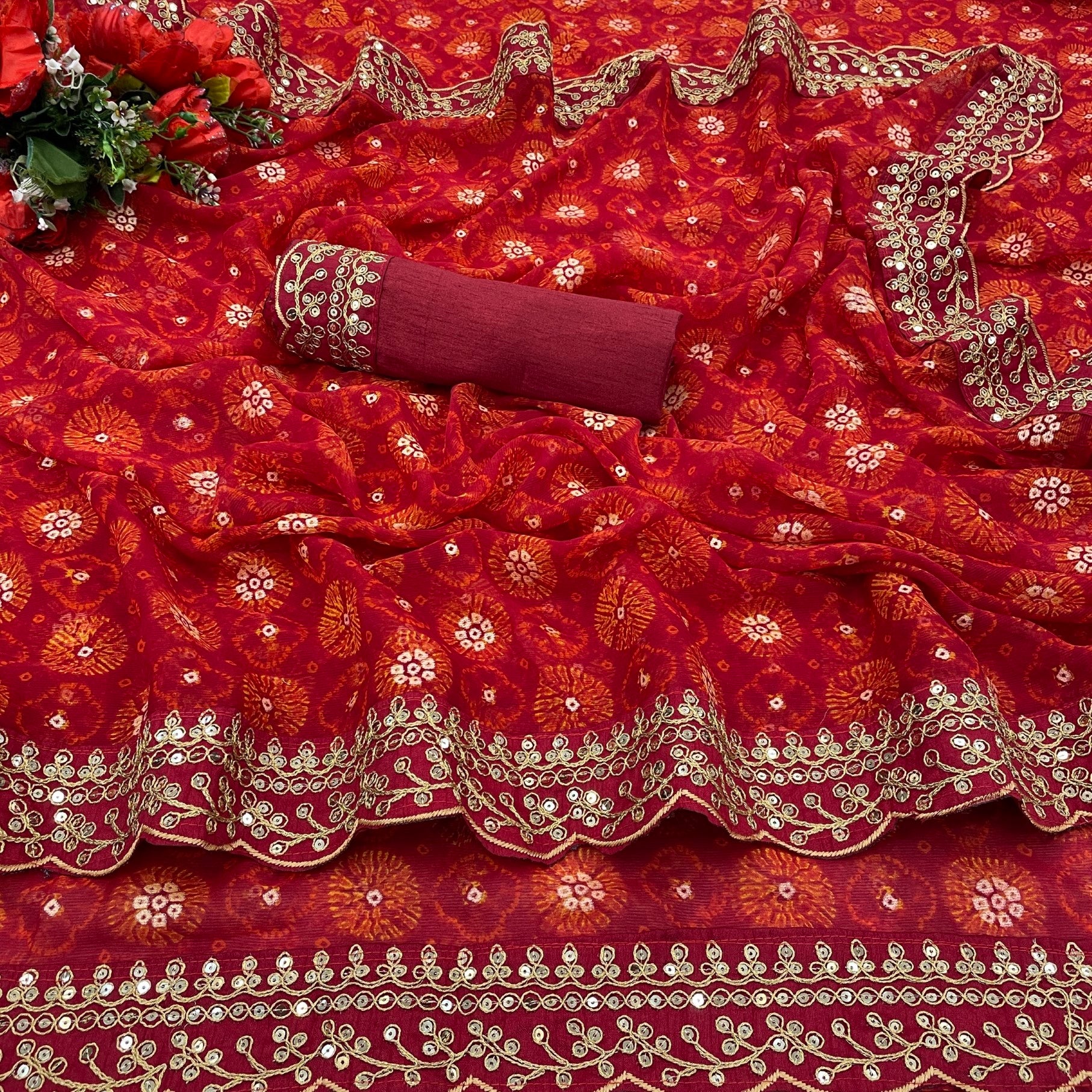 Exquisite red georgette chiffon saree with floral print, foil & sequin details