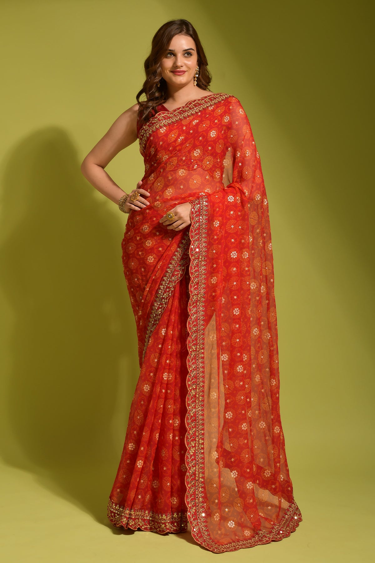 Red Georgette Chiffon Saree with flower print, foil, and sequin work