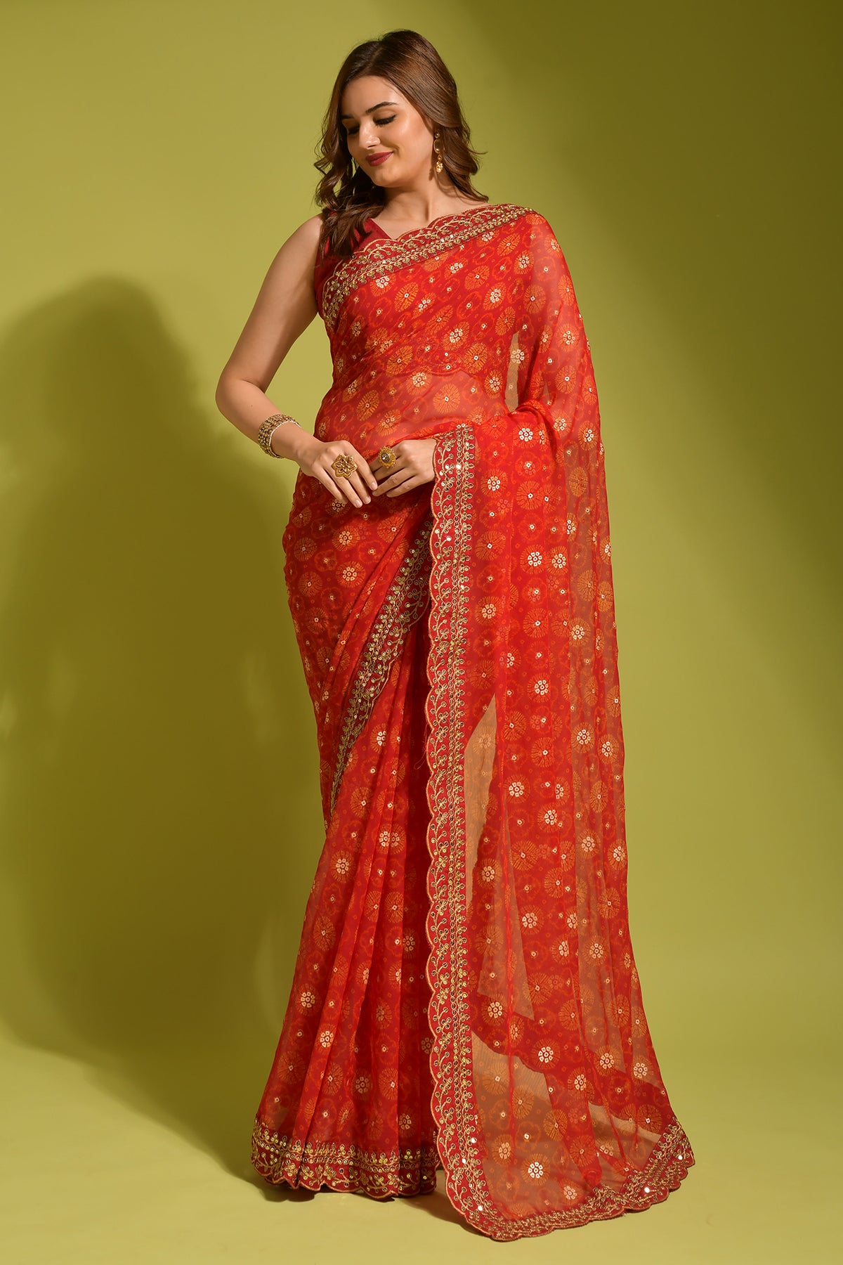TRENDBUY Red Georgette Chiffon Saree with flower print, foil, and sequin work.