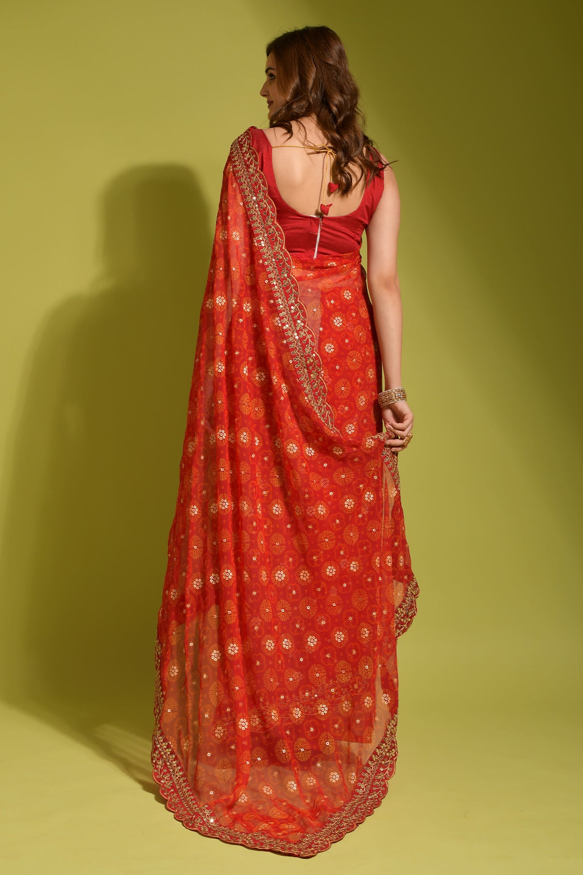 Exquisite red Georgette Chiffon Saree with elegant flower print, foil, and sequin work.