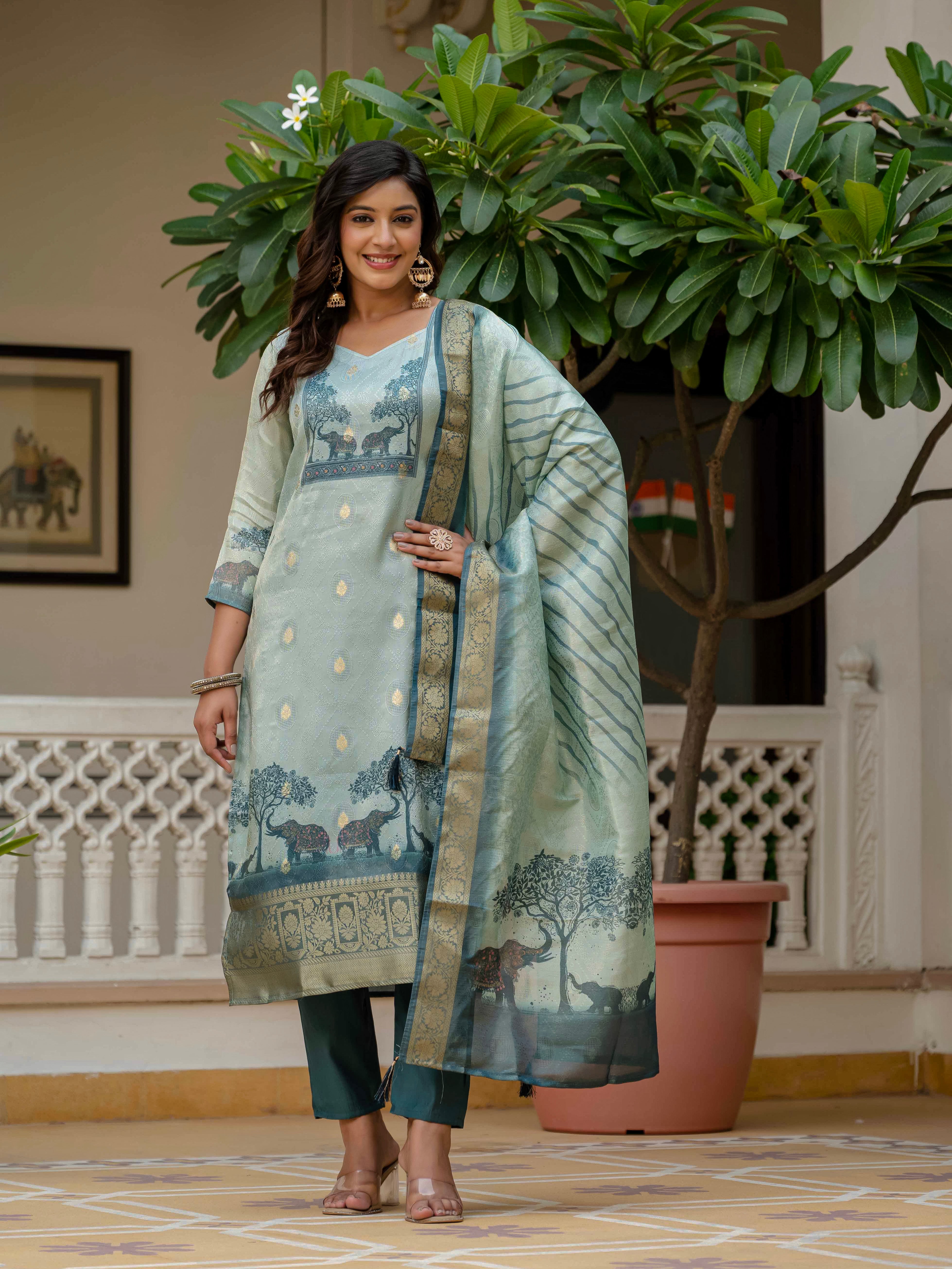 Full front view of a woman confidently posing in the Royal Blue WF-ROYAL jacquard silk kurta set.