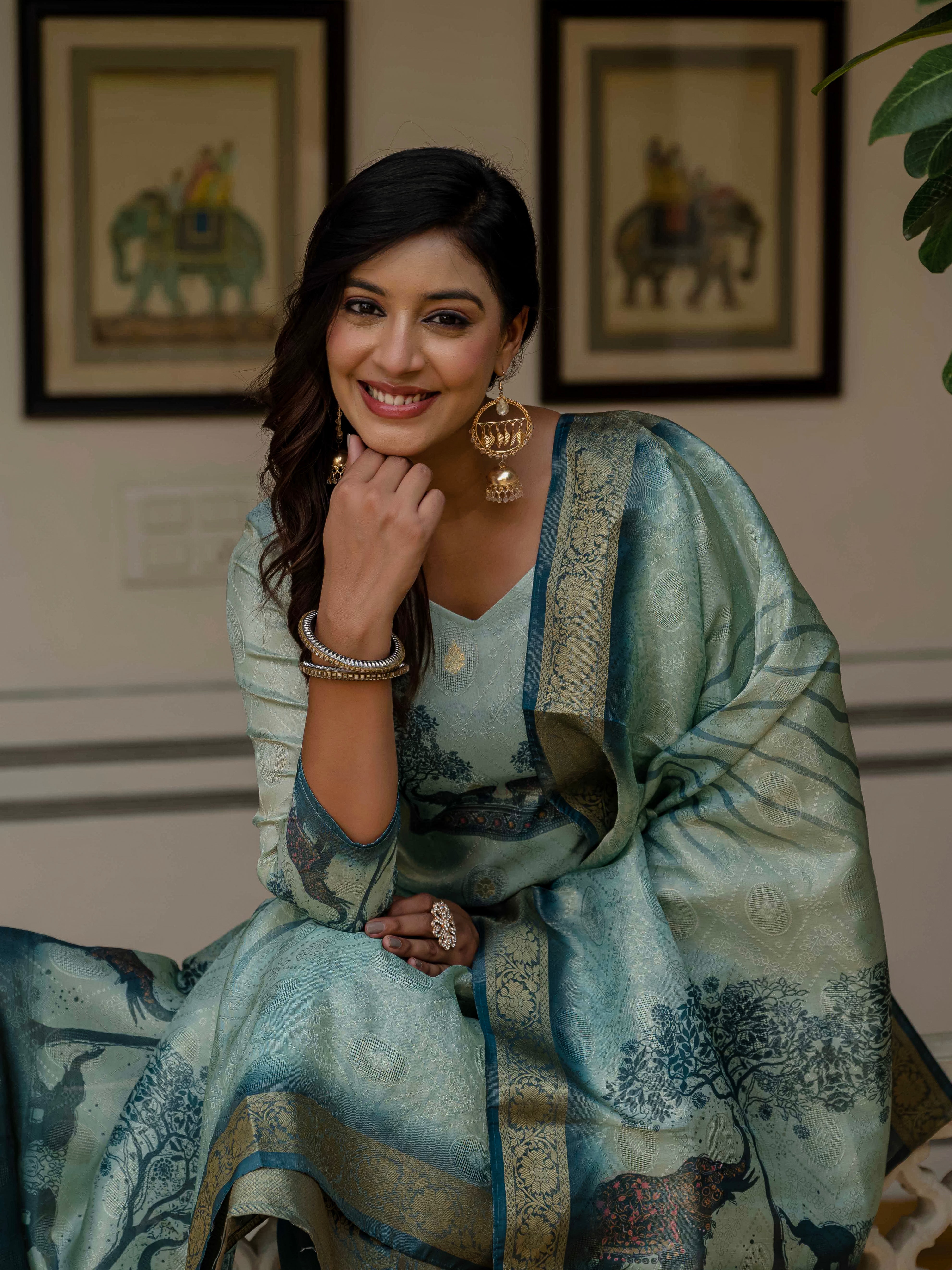 Happy woman in Royal Blue kurta set, smiling directly at the camera, highlighting the overall look.