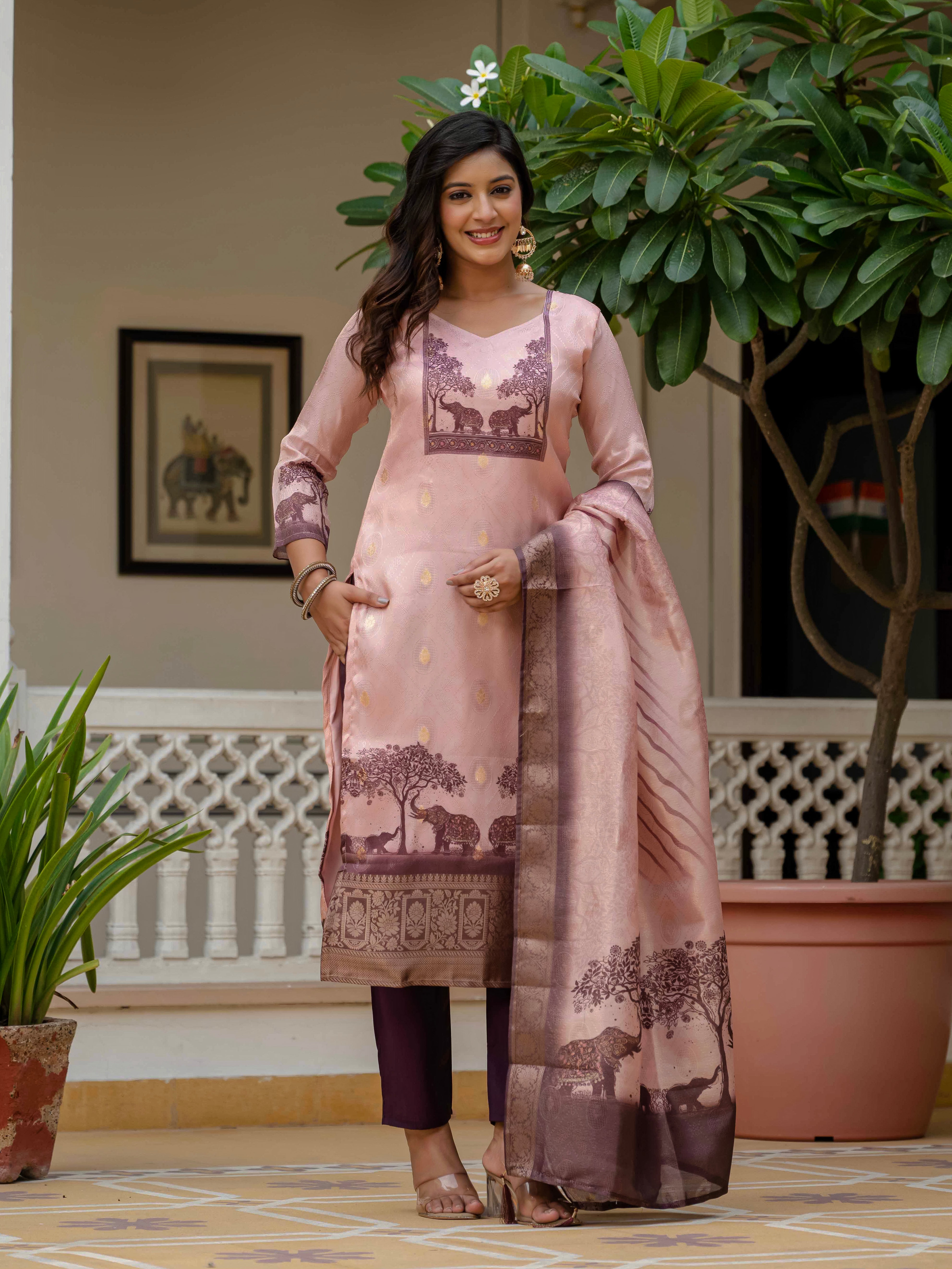 Full front view of a woman confidently posing in the Royal Pink WF-ROYAL jacquard silk kurta set.