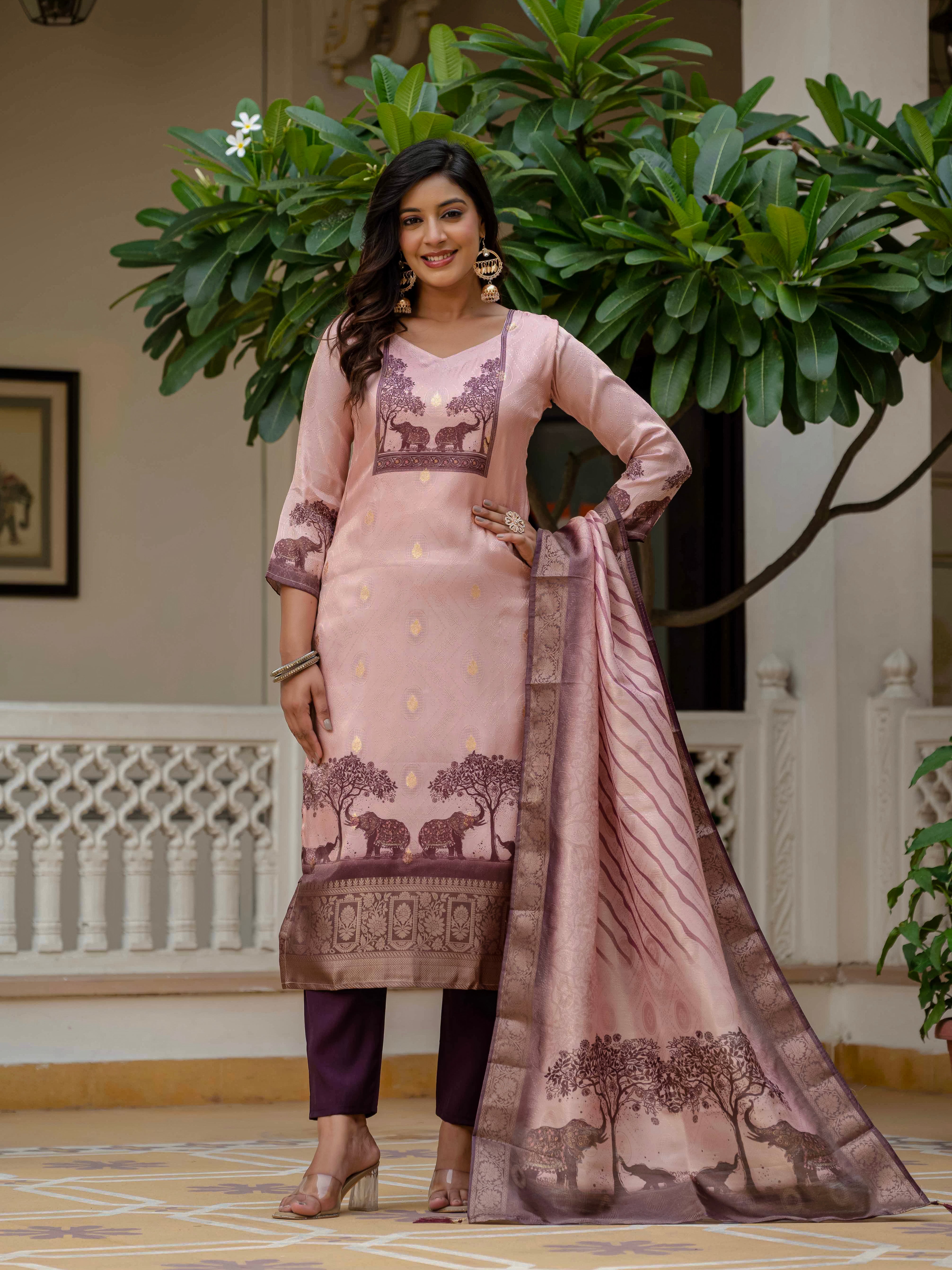 Full shot of a woman in the Royal Pink kurti, pant, and dupatta, hand on hip, similar to image 3.