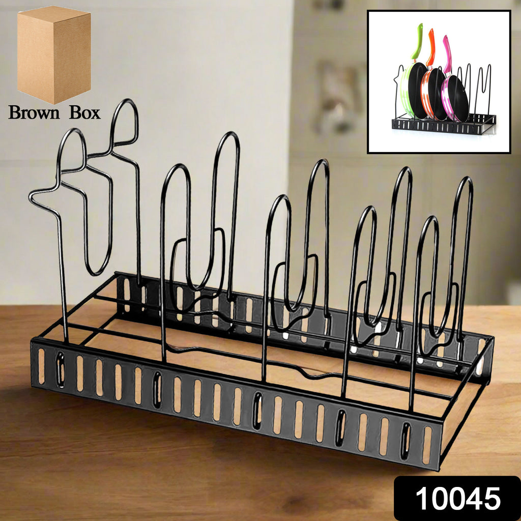 Multipurpose black metal pan and pot organizer rack neatly storing various kitchen pots and pans.