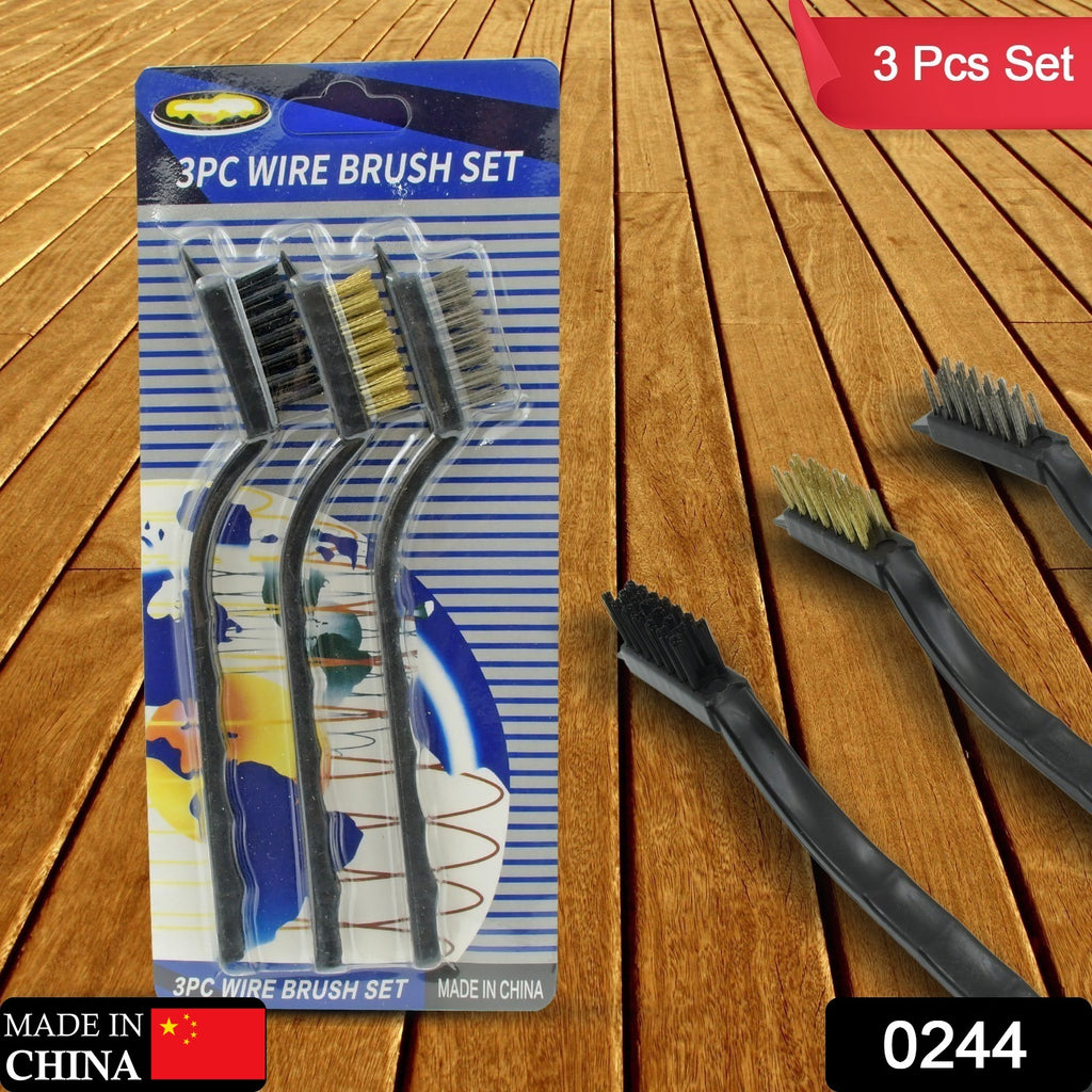 3pcs mini wire brush set featuring steel, nylon, and brass brushes.