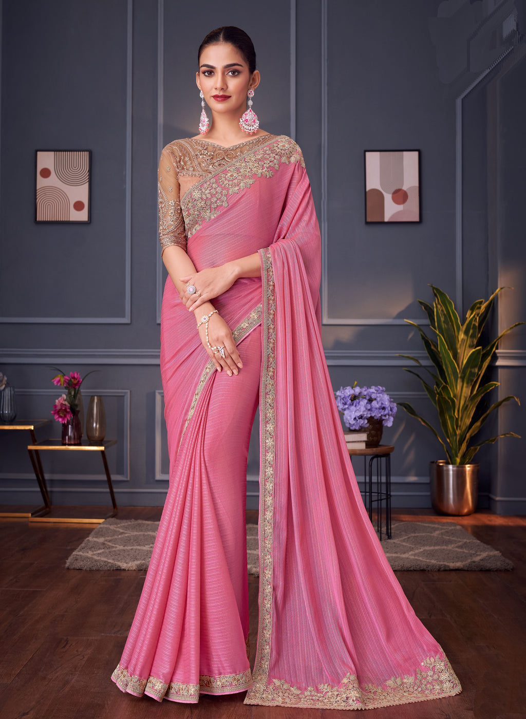 Rainbow Shimmer Designer Saree in Light Pink