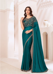 Rama Color Partywear Saree with Designer Blouse | TRENDBUY