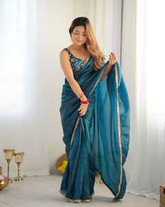 Rama Gold Crush Tissue Silk Lace Work Saree | TRENDBUY