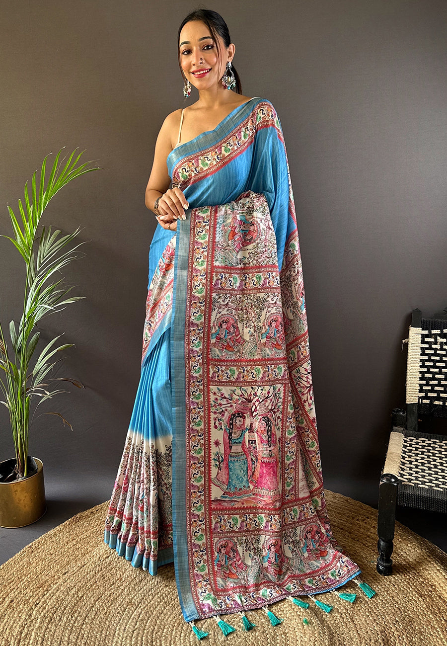 Rama Tussar Silk traditional saree, full view showcasing weaving work and border.