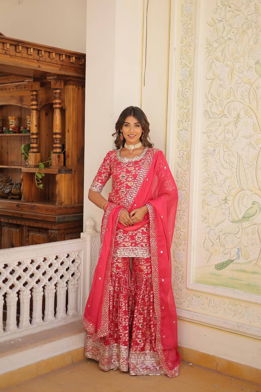 Rani-Pink color silk readymade Ghrara suit set