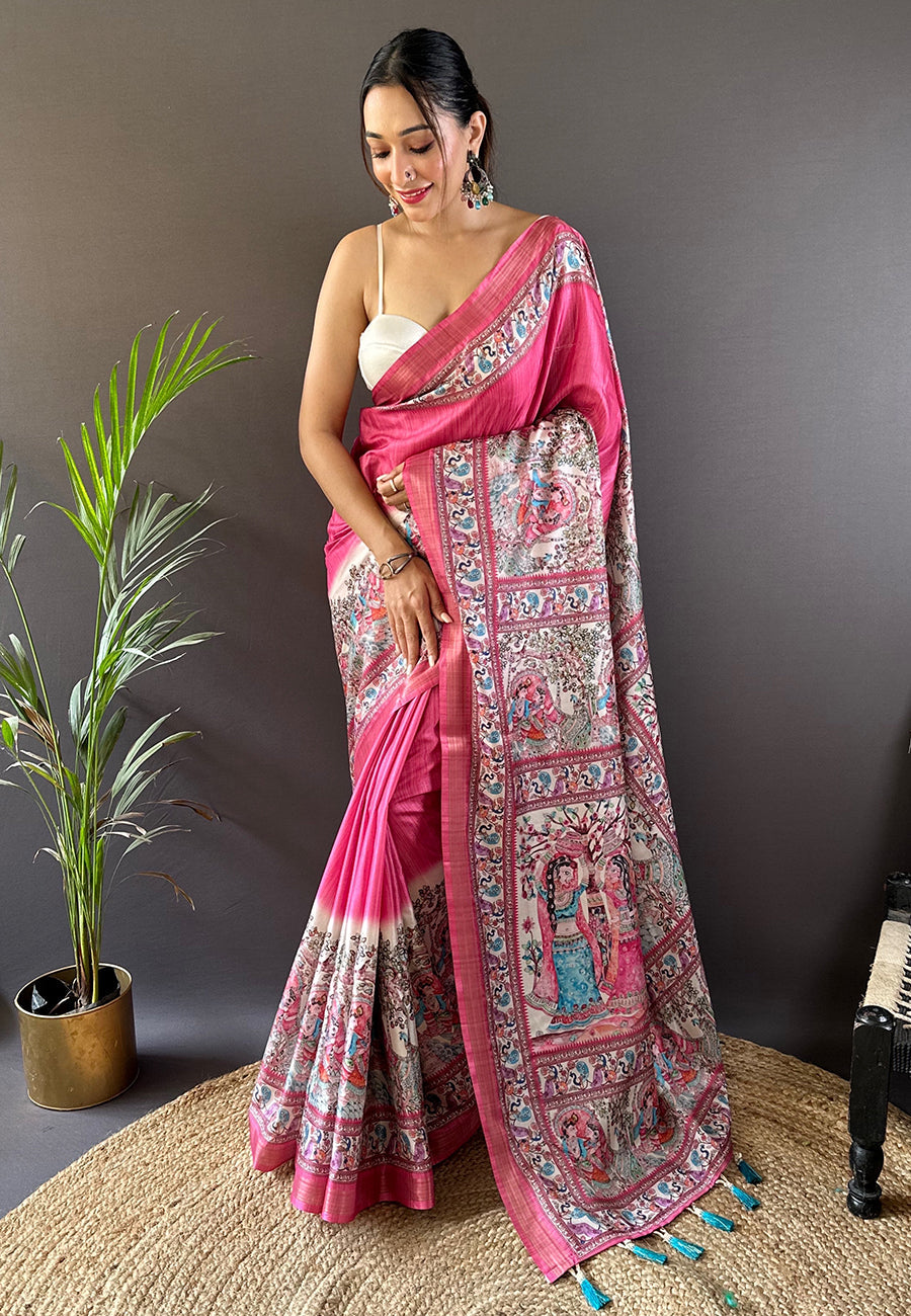 Rani Pink Tussar Silk Traditional Saree with intricate weaving work