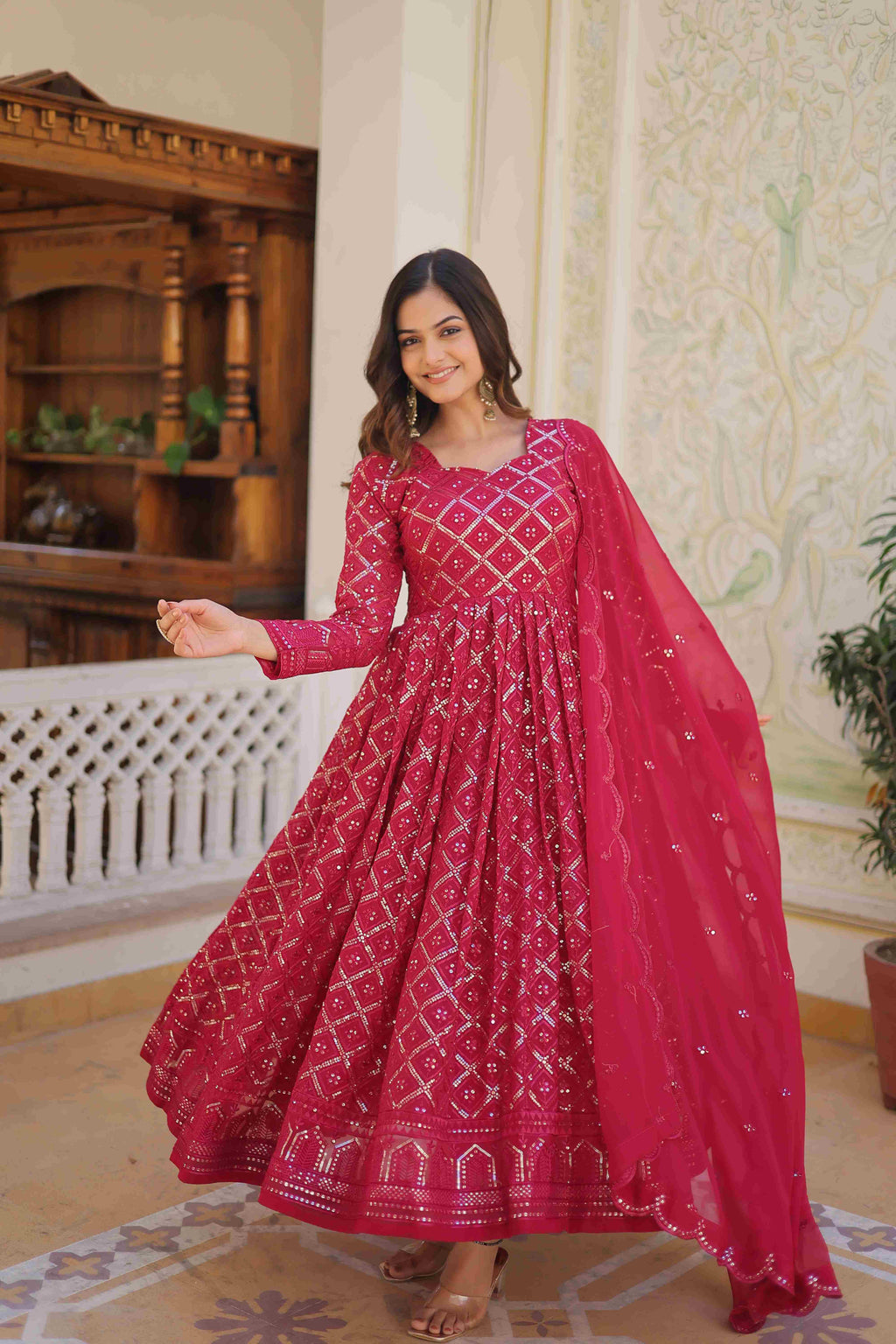 Rani pink sequence work gown with matching dupatta for women