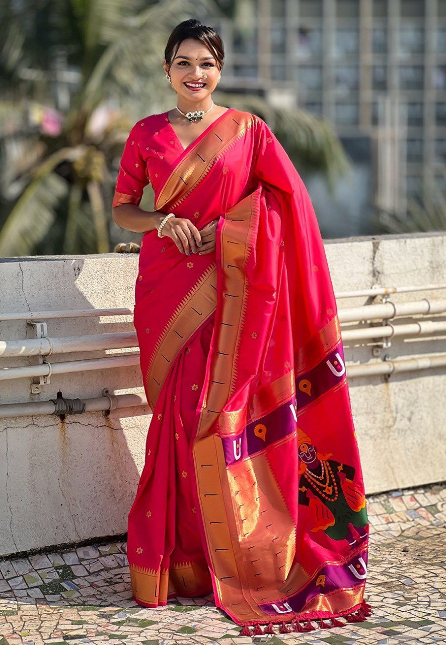 Rani Pink Silk Vitthala Paithani saree, showcasing its vibrant color and traditional Zari motifs.