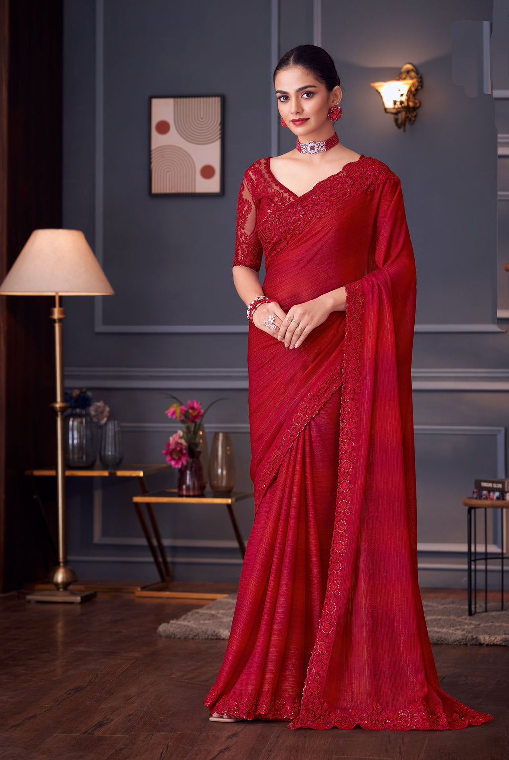 Red glitter silk sequins saree with matching blouse
