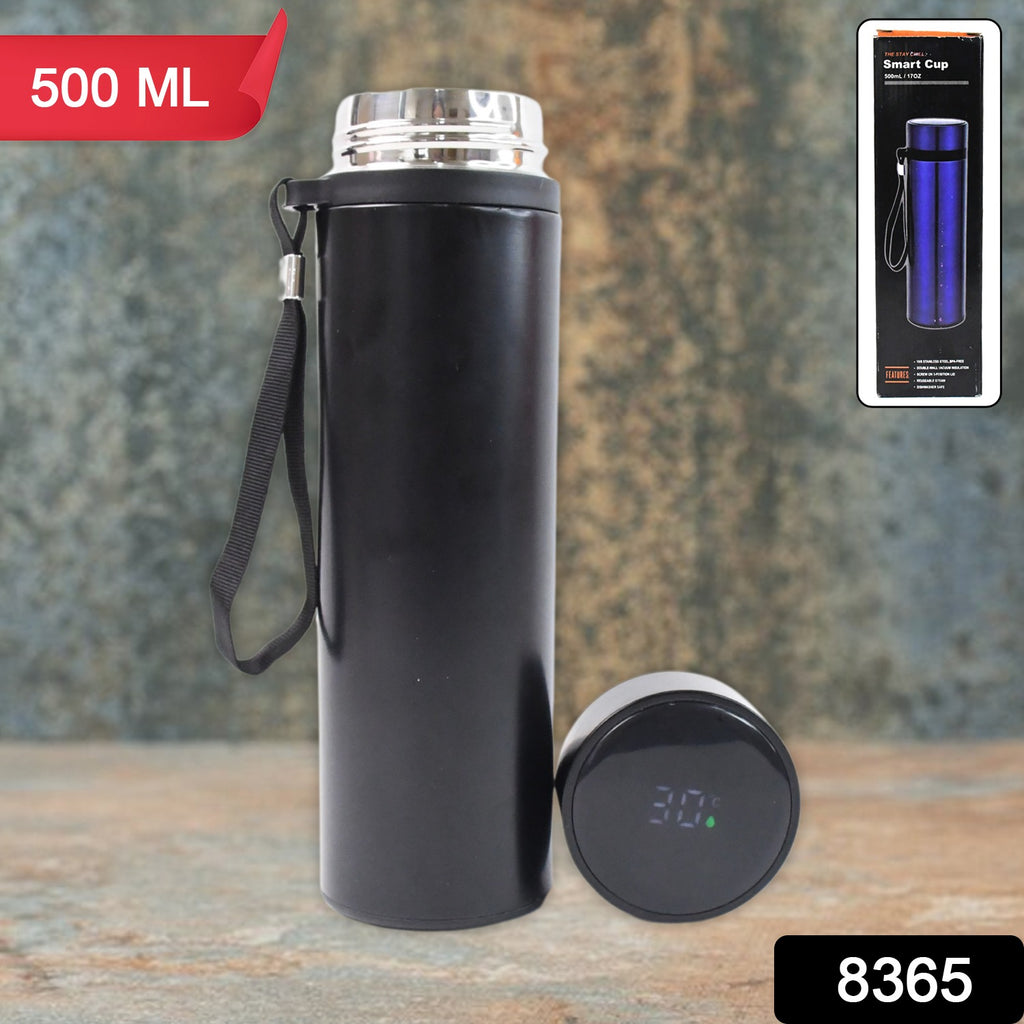 Double wall stainless steel 500ml water bottle with smart temperature display on cap, showing 24°C.