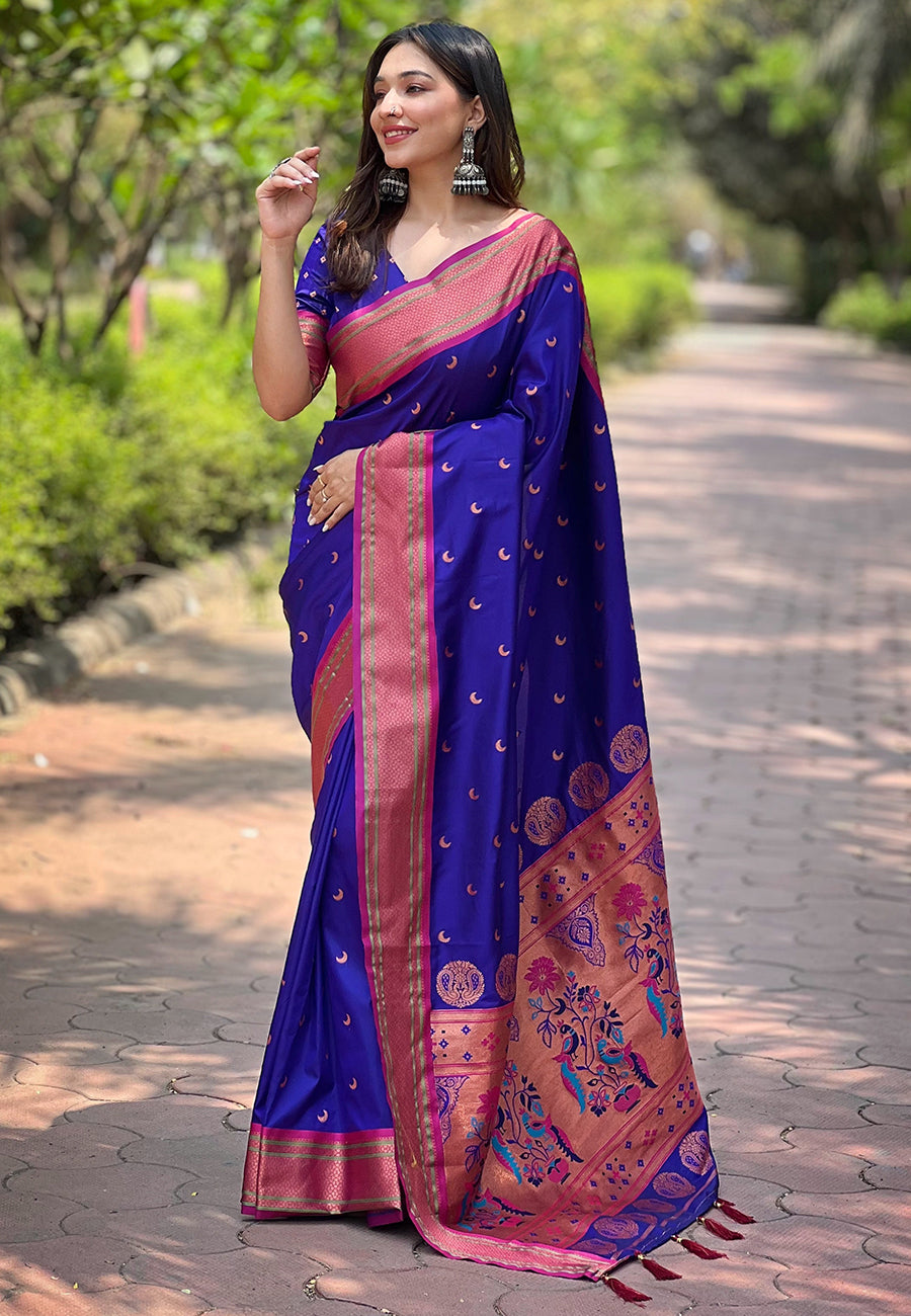 Royal blue Yeola Maharashtrian Paithani saree, showcasing intricate zari border and traditional pallu design