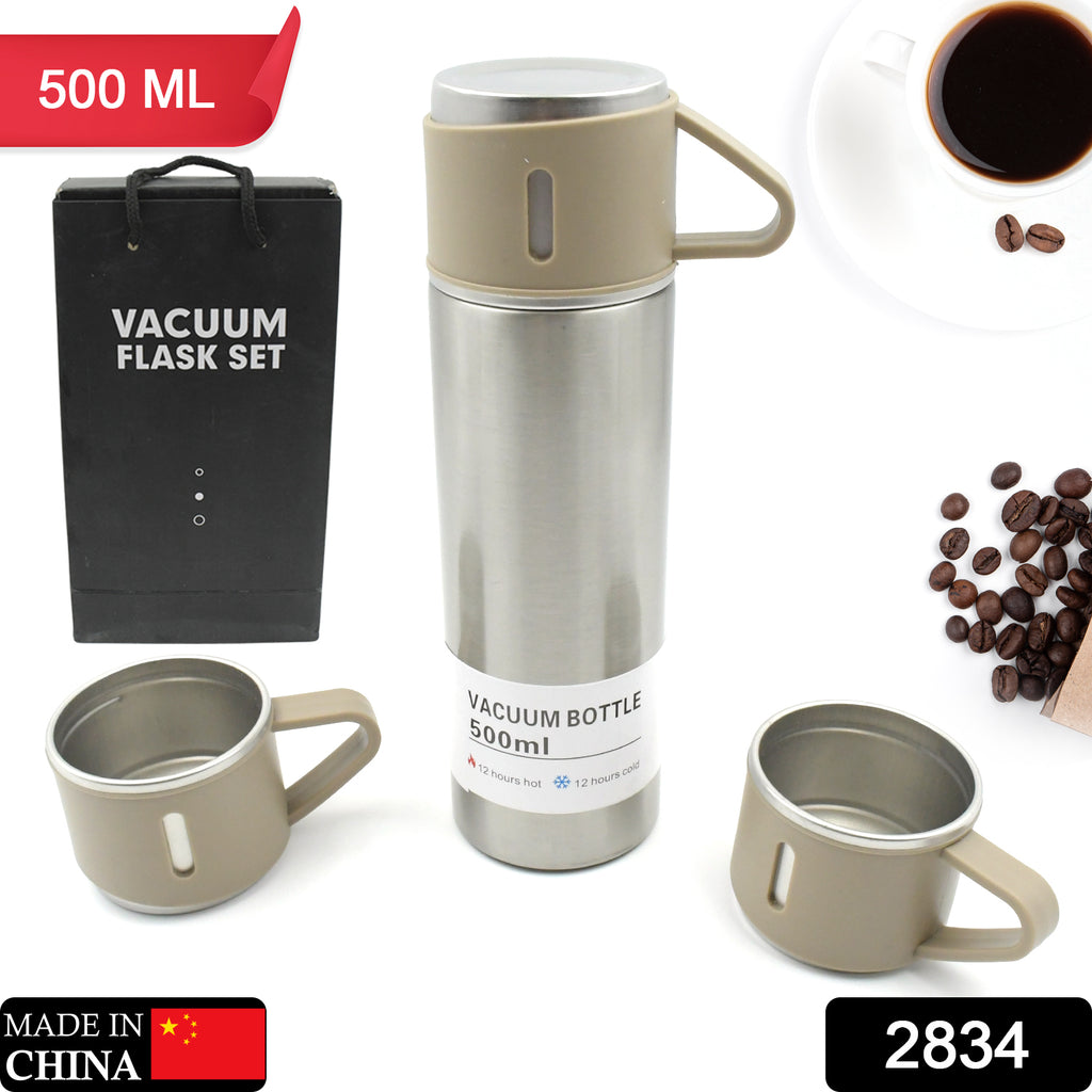 Red 500ml stainless steel vacuum flask set with 3 steel cups for coffee, hot & cold drinks.