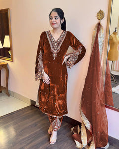 Rust Orange Pakistani Velvet Suit | TRENDBUY