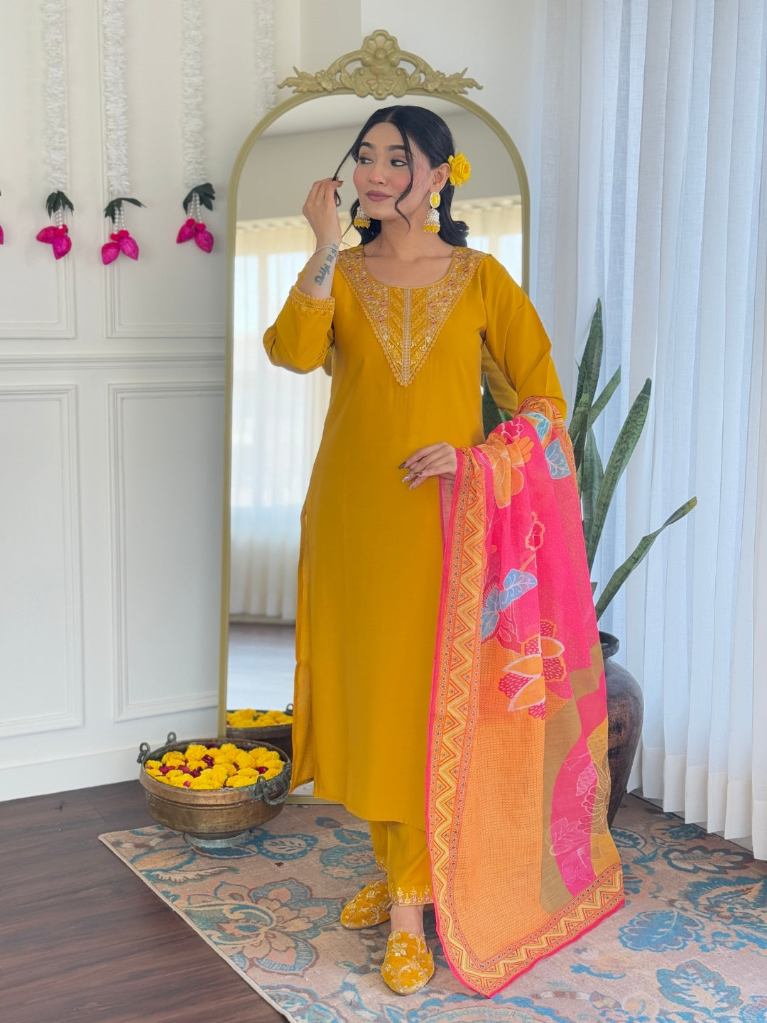 Full shot of the TRENDBUY VI-Rose Mustard Yellow Kurti with Pant and Dupatta Set, featuring the flowing silhouette and colorful linen dupatta against a mirror backdrop.