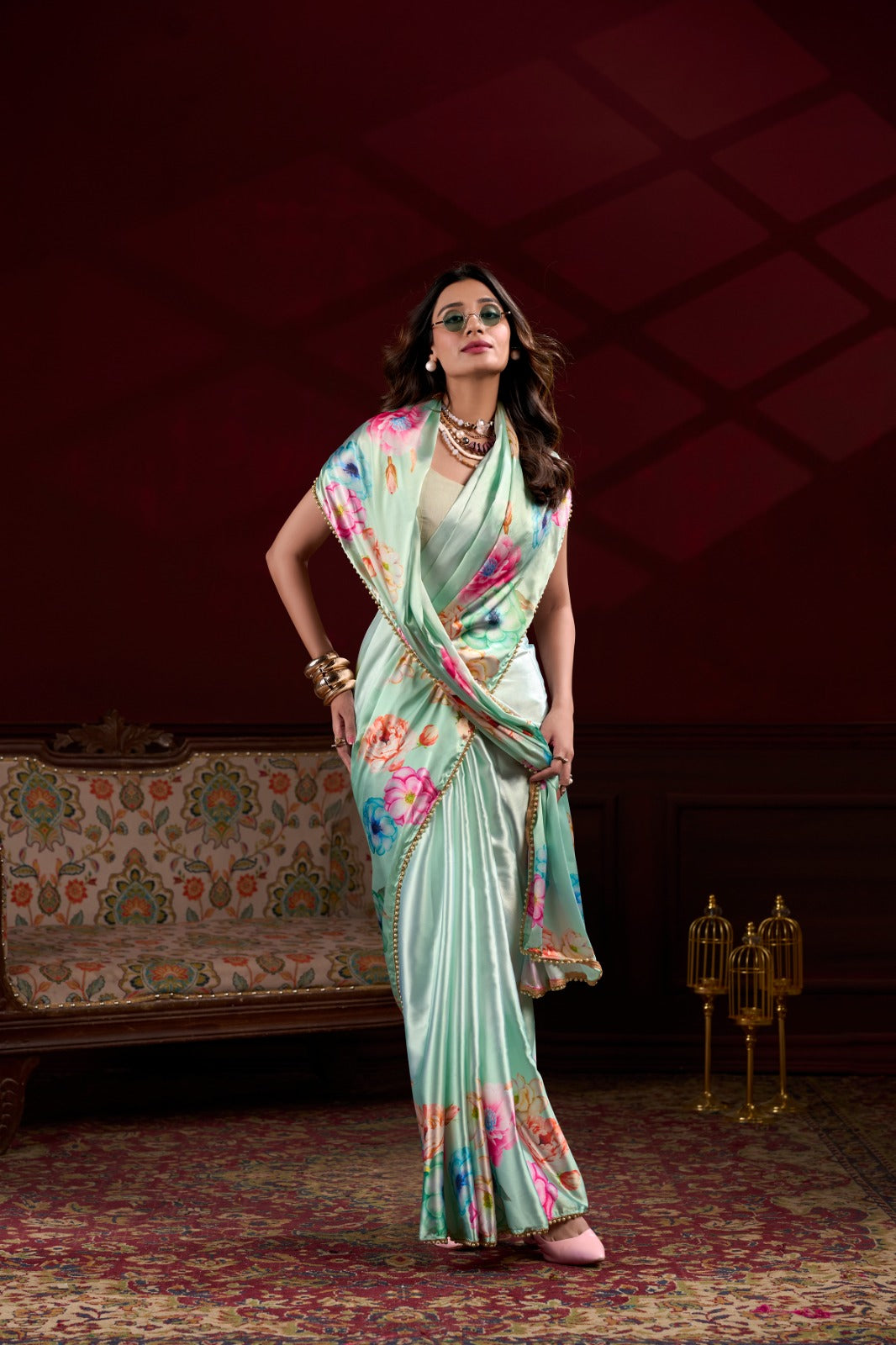 Sky blue Japan Satin Silk digital floral print saree with elegant pearl lace border