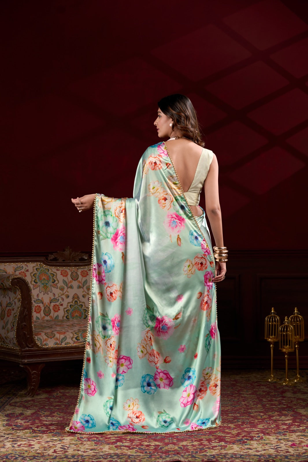 TRENDBUY Smooth Japan satin silk digital floral print saree with elegant pearl lace border