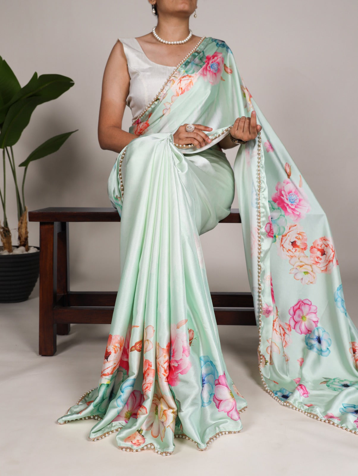 Smooth Japan Satin Silk Saree with Digital Floral Print and Elegant Pearl Lace Border