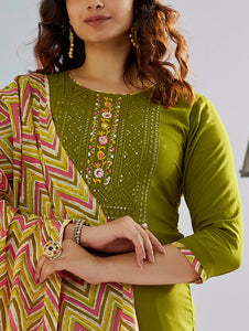 TRENDBUY Elegant Muslin Cotton Kurta Set with Embroidery & Chanderi Dupatta