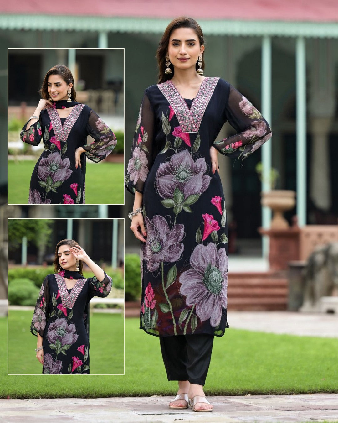 TRENDBUY Sonika black Georgette floral printed kurta set with embroidery, collage showing different poses.