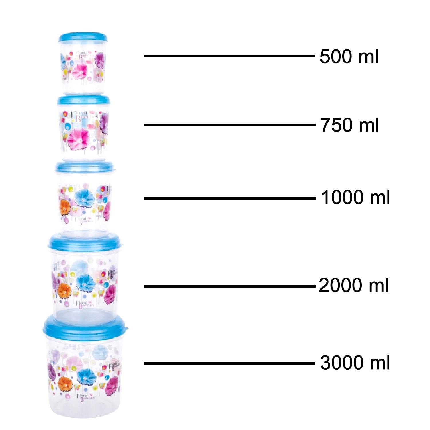 2446 Plastic Transparent Container Air Tight Dabba Set (3000ml 2000ml 1000ml 750ml 500ml) - TREND BUY