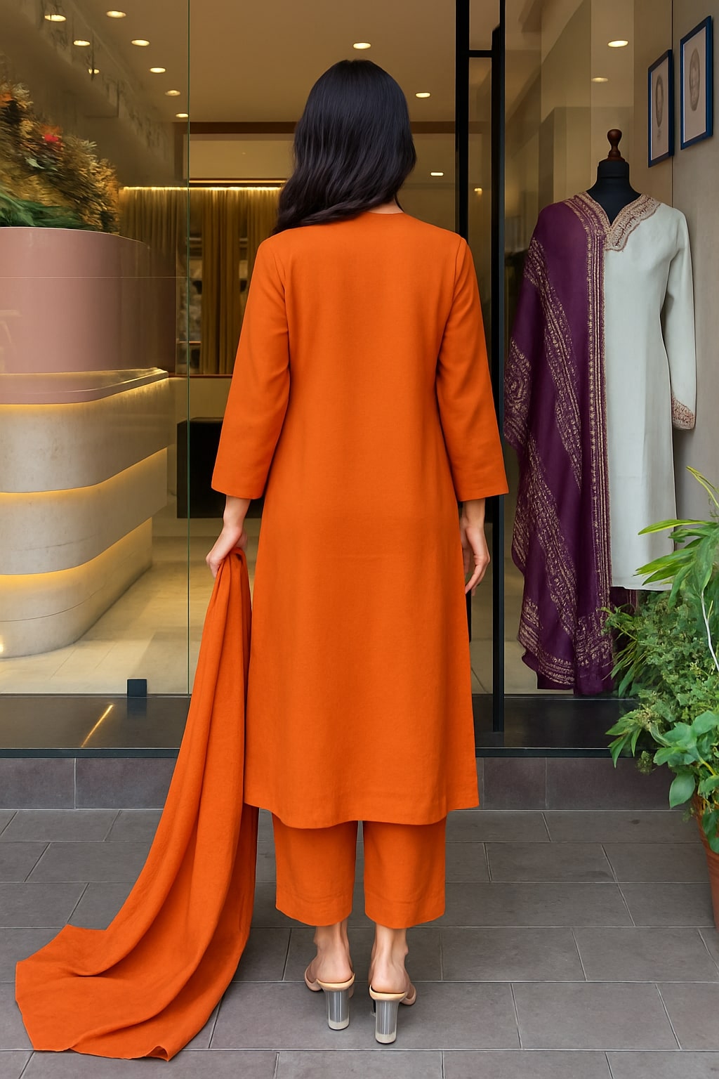 Back view of model in TRENDBUY ST-KASHMIRA orange kurti pant set, showcasing fabric