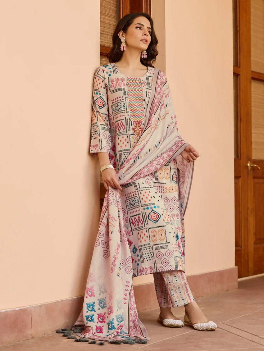 Model in ST-REHA fully printed cotton kurti set with chanderi dupatta and matching pants, front view against a light wall
