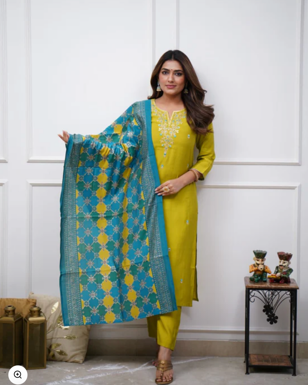 Stunning Women's Embroidered Viscose Chanderi Suit in Lime Green