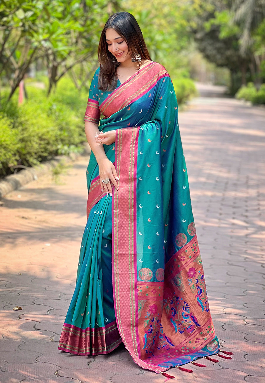 Seagreen Yeola Maharashtrian Paithani saree, featuring a traditional peacock and floral border.