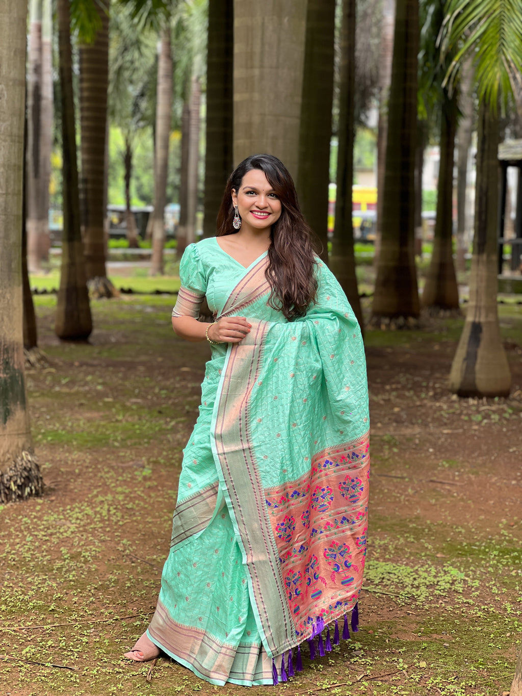 Seagreen Yeola Muniya Paithani Saree, an elegant Indian festival & wedding outfit for women.