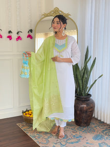 TRENDBUY Shivangi White Viscose Chanderi Kurta Set with Embroidered Dupatta