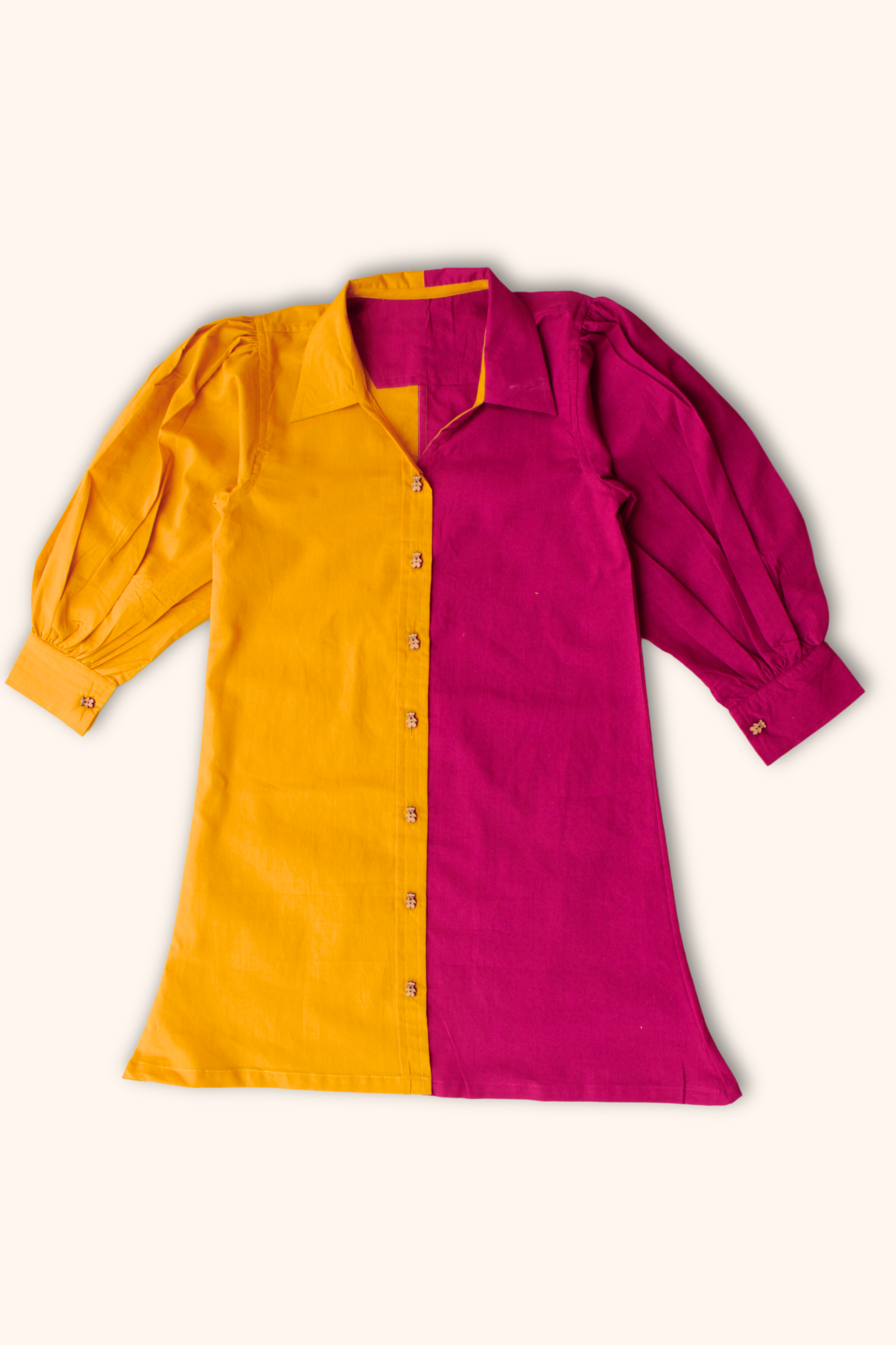 Girls Pure Cotton Color Block Dress with Collar - Mustard Magenta