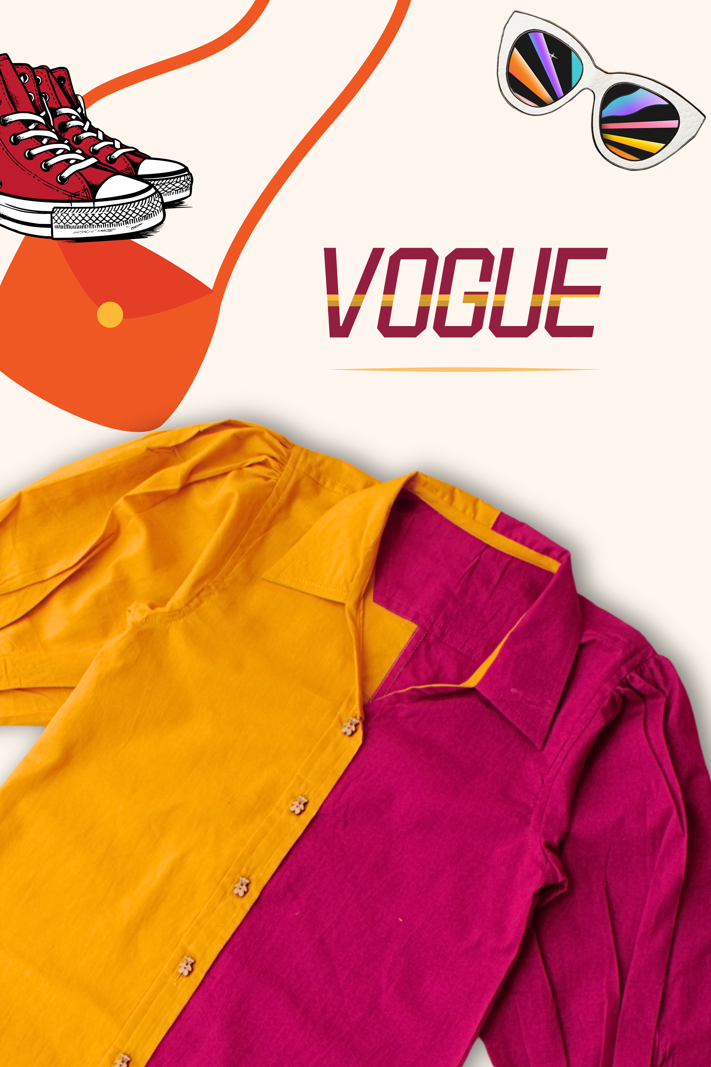 Girls Pure Cotton Color Block Dress with Collar - Mustard Magenta