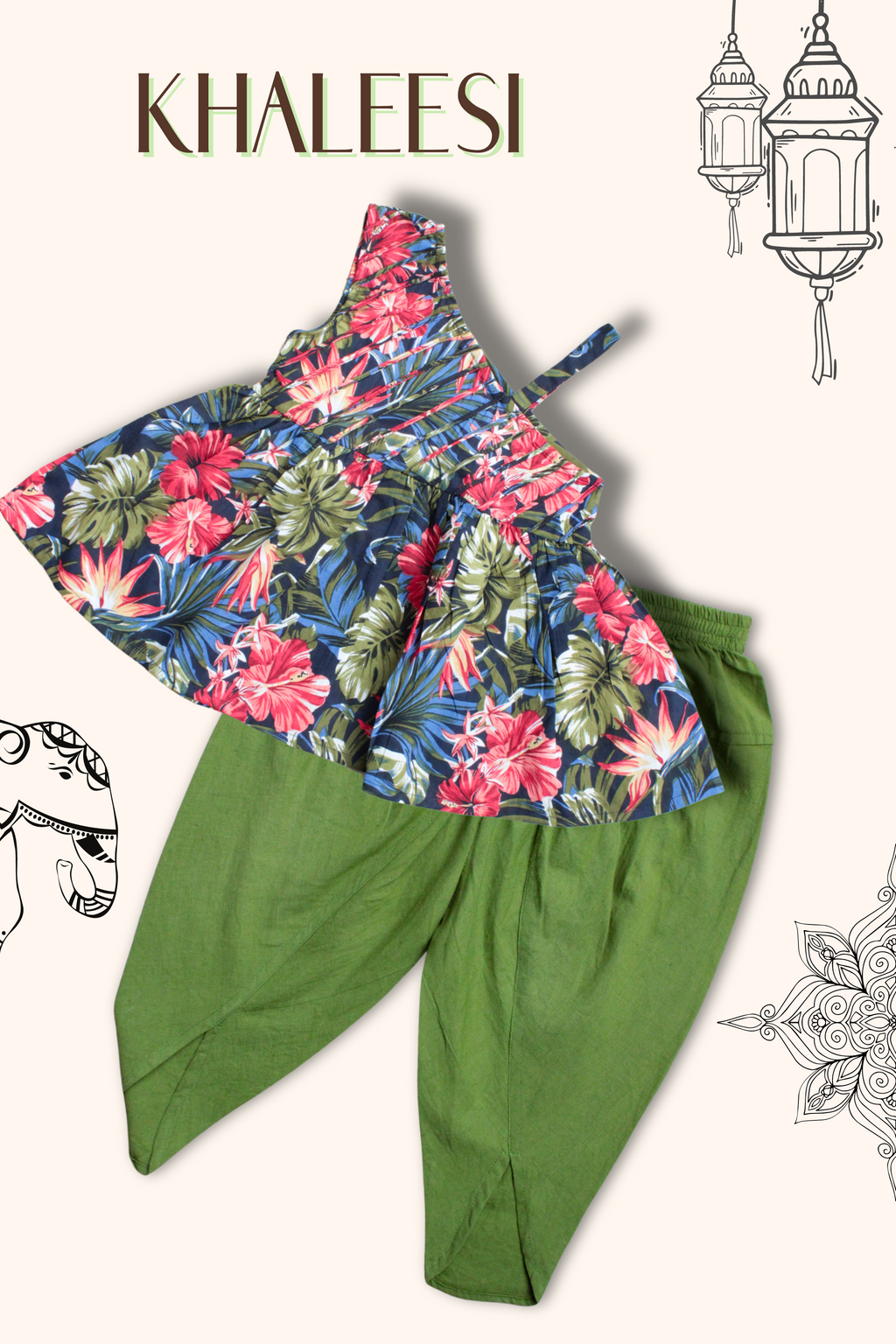 Green Khaleesi pure cotton ethnic clothing set for girls