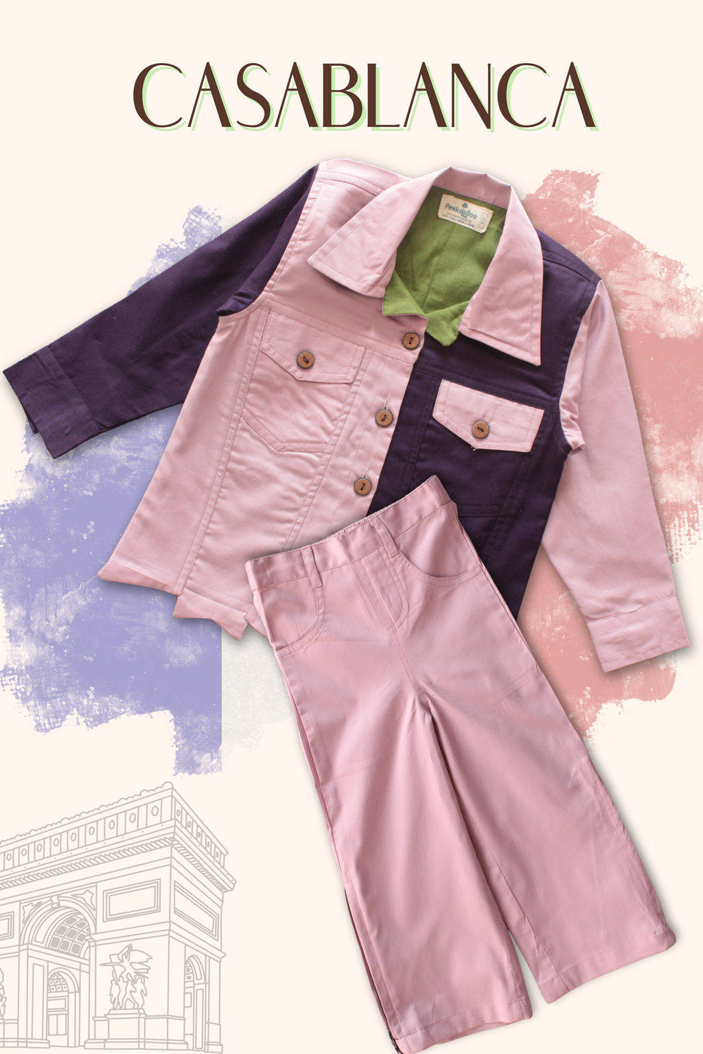 Girls Casablanca color block shacket and pants set in pink and purple