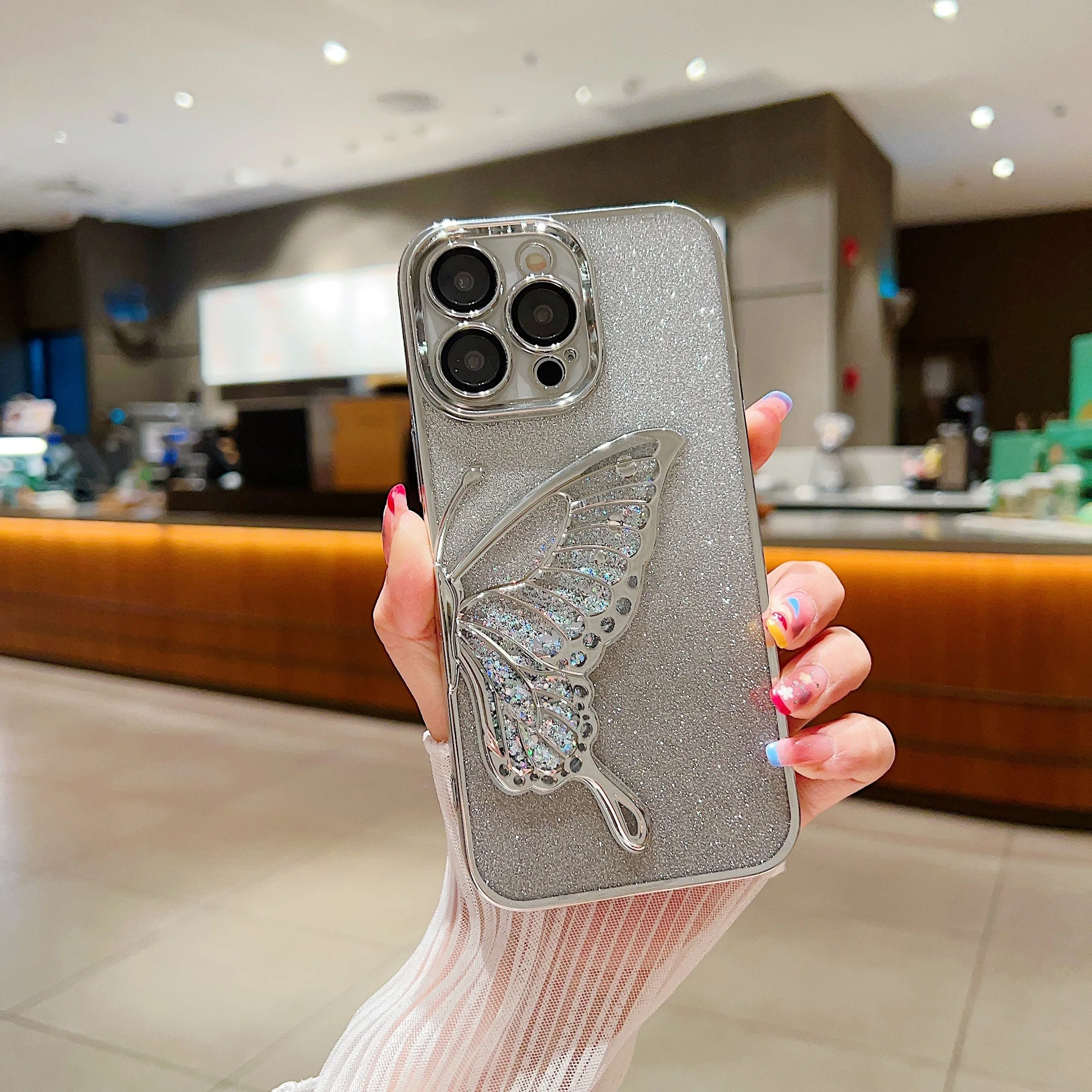 iPhone Glitter Butterfly Shockproof Case - Shimmering Protection Silver