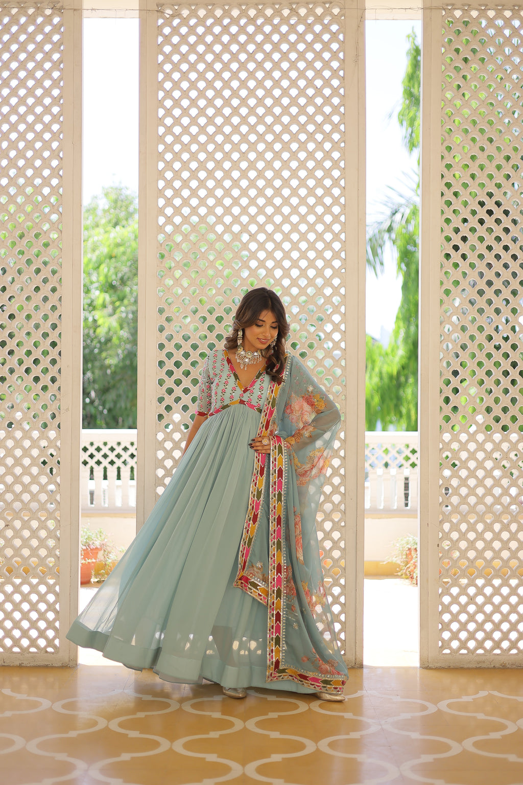 Sky blue Alia cut gown with matching dupatta