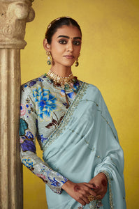 Premium Sky Blue Glass Tissue Saree with Intricate Embroidery and Sequins for Weddings