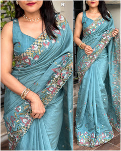 Sky Color Visca Slub Silk Cutwork Saree | TRENDBUY